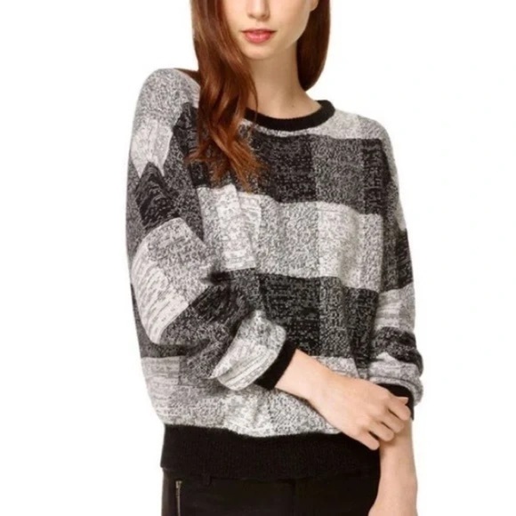 TNA Angora Cashmere Blend Plaid Sweater Black Gray Sz XXS - Picture 1 of 11